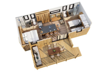 3D floor plan of SunLodge Mobile Home Catalpa with deck, shown at Campsite Village Marina di Venezia in Italy.