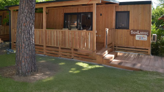 Exterior view of SunLodge Mobile Home Catalpa at Campsite Village Marina di Venezia in Italy.
