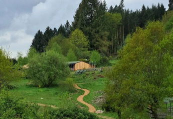 Vue sur une prairie, des arbres, un chemin sinueux et un chalet en bois au Campsite Junora en France sous ciel nuageux.
