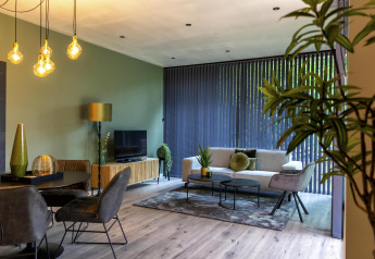 Moderne leefruimte met groene muren en grote ramen in Forest Cottage, Holiday Park BreeBronne, Nederland.