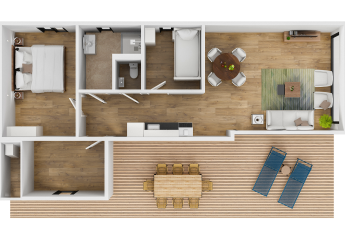 Bovenaanzicht van Forest Cottage bij Holiday Park BreeBronne met leefruimte, slaapkamers en terras.