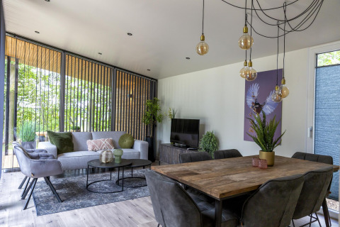 Modernes Wohnzimmer in der Forest Cottage, Holiday Park BreeBronne, mit großen Fenstern und stilvollem Design.