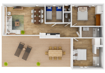 Plan du Forest Cottage au Holiday Park BreeBronne, Pays-Bas, avec terrasse et trois chambres.