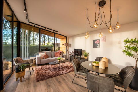 Moderne woonkamer in Forest Cottage, Holiday Park BreeBronne, met grote ramen en sfeervolle inrichting.