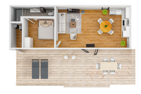 Vue du dessus de la Forest Cube au Holiday Park BreeBronne, Pays-Bas, montrant chambre, cuisine et grande terrasse.