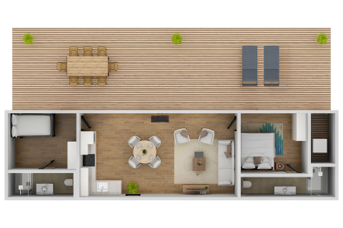 Bovenaanzicht van Forest Cube lodge met twee slaapkamers, woonkamer, keuken, badkamers en houten terras.