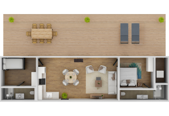 Top view of Forest Cube lodge layout, showing two bedrooms, living room, kitchen, bathrooms, and terrace.
