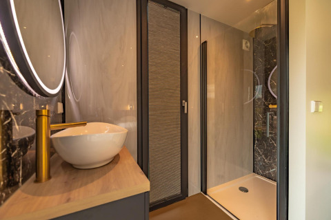 Moderne badkamer in Forest Lodge van Holiday Park BreeBronne, Nederland, met wasbak, spiegel en douche.