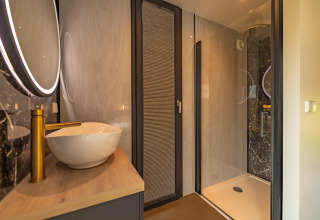 Moderne badkamer in Forest Lodge van Holiday Park BreeBronne, Nederland, met wasbak, spiegel en douche.
