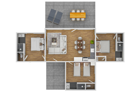 Plattegrond van Forest Lodge bij Holiday Park BreeBronne in Nederland, met drie slaapkamers en terras.