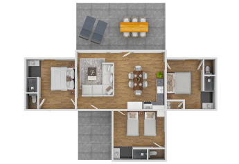 Plattegrond van Forest Lodge bij Holiday Park BreeBronne in Nederland, met drie slaapkamers en terras.