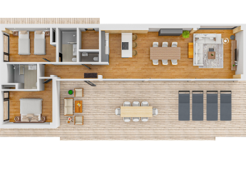 Plan de la Forest Villa au Holiday Park BreeBronne, Pays-Bas, avec deux chambres et grande terrasse.