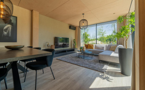 Soggiorno moderno alla Forest Villa di Holiday Park BreeBronne, Paesi Bassi, con divano, tavolo e grandi finestre.
