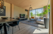 Salon moderne de la Forest Villa au Holiday Park BreeBronne, Pays-Bas, avec canapé, salle à manger et vue nature.