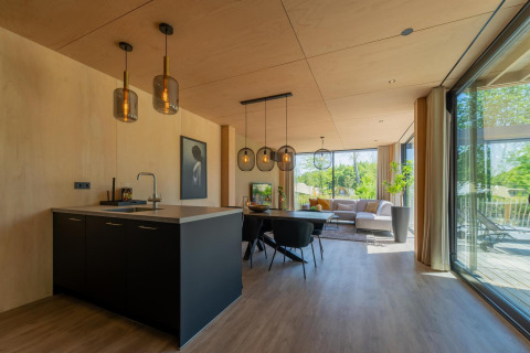 Lodge Forest Villa moderne au Holiday Park BreeBronne, Pays-Bas, avec salon lumineux et grandes baies vitrées.