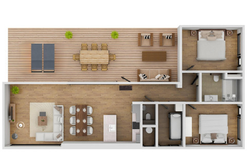 Plan d'une villa Forest Villa au Holiday Park BreeBronne, avec 2 chambres, terrasse et séjour moderne.