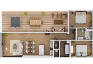 Floor plan of a lodge at Forest Villa, Holiday Park BreeBronne, featuring 2 bedrooms, deck, and modern living area.