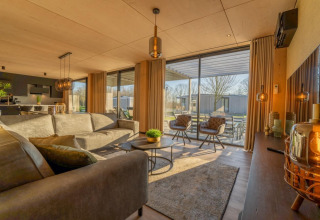 Moderne woonkamer in Forest Villa op Holiday Park BreeBronne, Nederland, met grote ramen en sfeervolle inrichting.
