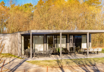 Outdoor photo of Forest Villa lodge showing a modern terrace with garden furniture, surrounded by trees.