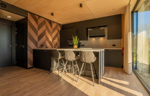 Moderne keuken in Forest Villa bij Holiday Park BreeBronne, Nederland, met visgraat houten wand.