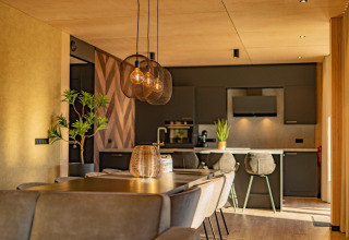 Moderne keuken en eetruimte met stijlvolle lampen en planten in Forest Villa, Holiday Park BreeBronne, Nederland.