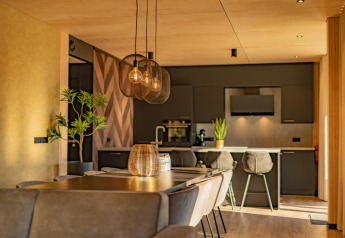 Cocina y comedor modernos con lámparas elegantes y plantas en Forest Villa de Holiday Park BreeBronne, Países Bajos.