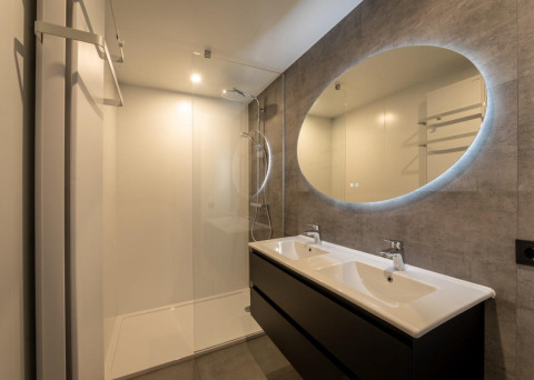 Moderne badkamer met dubbele wastafel, grote spiegel en douche in Forest Villa bij BreeBronne, Nederland.