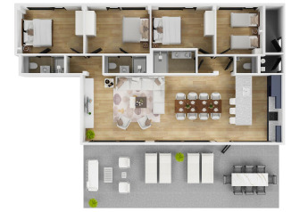 3D-plan van Forest Villa lodge in Holiday Park BreeBronne, Nederland, met slaap- en buitenruimtes.