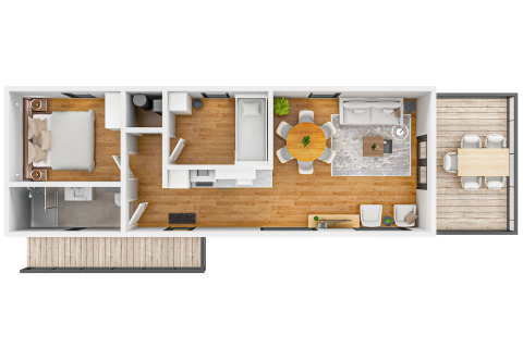 Plattegrond van de Water Cube lodge in Holiday Park BreeBronne, Nederland, met moderne kamers en terras.