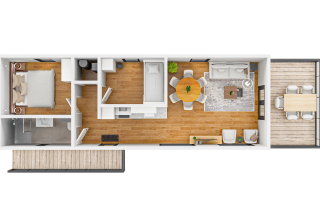 Plattegrond van de Water Cube lodge in Holiday Park BreeBronne, Nederland, met moderne kamers en terras.
