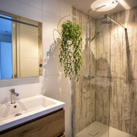 Moderne badkamer in Water Cube, Holiday Park BreeBronne, Nederland, met inloopdouche en hangplant.