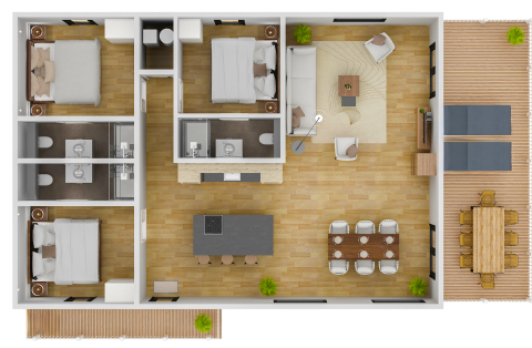 Vogelvlucht van de plattegrond van Water Cube lodge met drie slaapkamers, twee badkamers en terras.