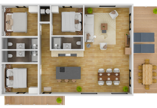 Vogelvlucht van de plattegrond van Water Cube lodge met drie slaapkamers, twee badkamers en terras.