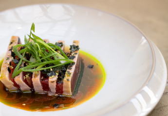 Un piatto gourmet di tonno con cipollotti e alghe in salsa di soia e olio al glamping Villa Oesterdam.