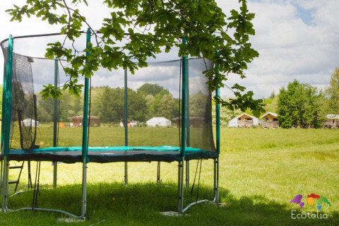 Trampolino sotto un albero in un prato verde con tende glamping al Domaine EcÔtelia in Francia.