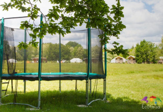 Trampoline sous un arbre sur une pelouse avec tentes lodge à Domaine EcÔtelia en Nouvelle-Aquitaine, France.