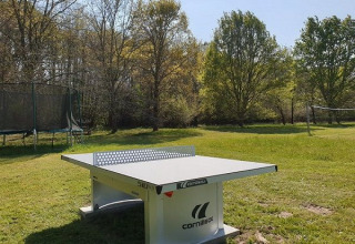 Buitenpingpongtafel, trampoline en volleybalnet op gras in Domaine EcÔtelia, Nouvelle-Aquitaine, Frankrijk.