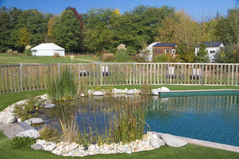 Naturlig swimmingpool med planter og sten i Domaine EcÔtelia, et feriecenter omgivet af grønne træer i Frankrig.