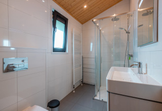 Moderne badkamer met douche en wastafel in lodge Velthorst op vakantiepark De Wiltzangh in Nederland.