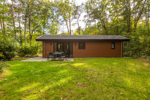 Lodge Velthorst bij Holiday park De Wiltzangh in Nederland, omgeven door bos en een groen gazon.