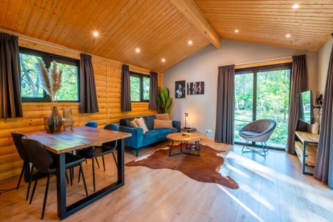 Gemütliches, modern eingerichtetes Wohnzimmer in der Lodge Velthorst im Ferienpark De Wiltzangh in den Niederlanden.