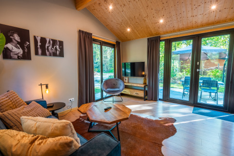 Salon moderne de la lodge Velthorst au parc de vacances De Wiltzangh aux Pays-Bas, avec grandes baies vitrées et déco chaleureuse.