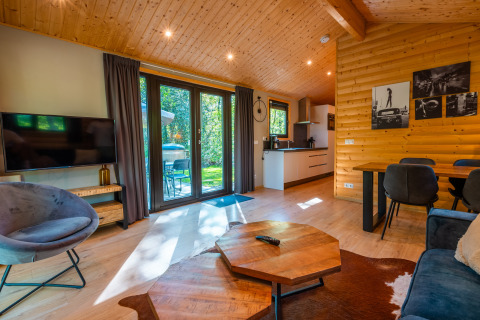Moderne Velthorst-Lodge im Ferienpark De Wiltzangh, Niederlande, mit stilvollem Holzinterieur und Gartenblick.
