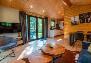 Modern Velthorst lodge at Holiday park De Wiltzangh in the Netherlands, featuring wood decor and large windows.