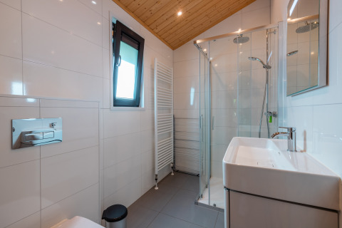 Baño moderno con cabina de ducha de vidrio y techo de madera en la estancia Velthorst, De Wiltzangh, Países Bajos.