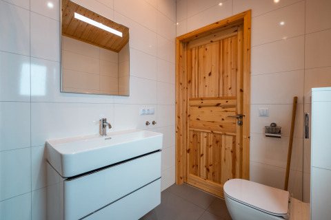 Baño moderno en la cabaña «Velthorst» en el parque De Wiltzangh, Países Bajos, con detalles en madera.