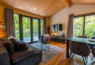 Cozy living room at Wellness Lodge «Wood XL», Holiday park De Wiltzangh, spacious windows, and wood accents.