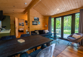 Gezellige woonkamer in Wellness Lodge «Wood XL» met houten wanden en uitzicht bij De Wiltzangh.