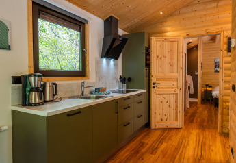 Cucina in legno moderna nella Wellness Lodge Wood XL al Holiday park De Wiltzangh, Paesi Bassi, attrezzata.