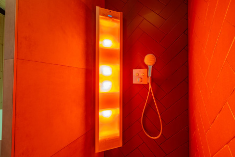 Douche en verlicht infraroodpaneel in Wellness Lodge «Wood XL» te Holiday park De Wiltzangh, Nederland.